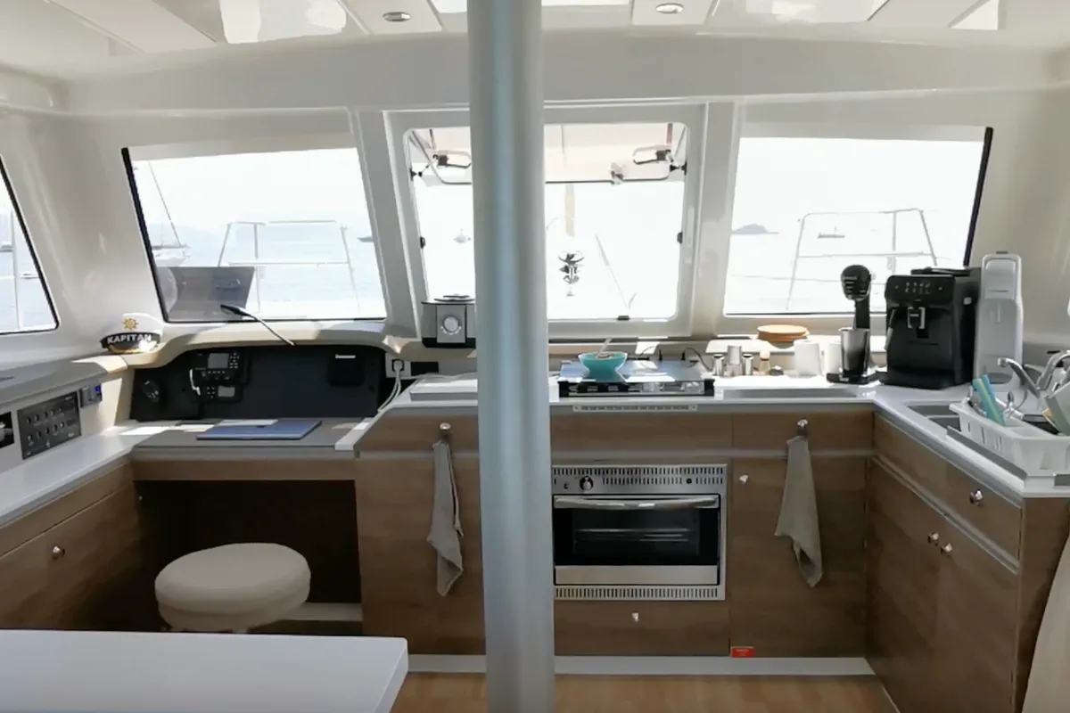 Galley of Sunny, a Bali Catspace catamaran at Municipal Unit of Lefkada, Greece